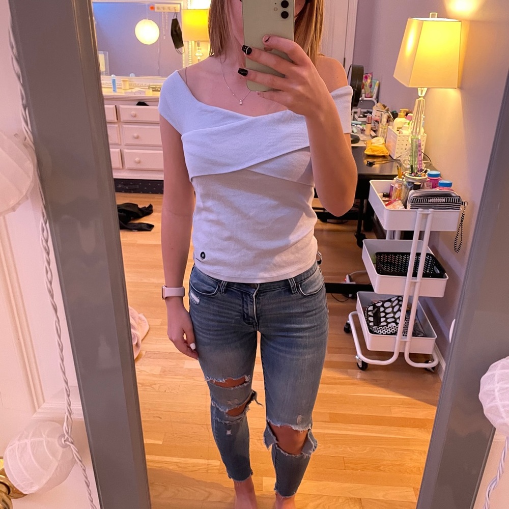 Blue off the shoulder wrap shirt